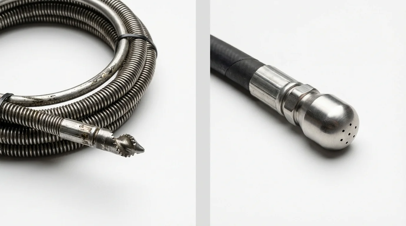 Drain snake cable and hydro jetting nozzle used for drain cleaning in Gloucester City, NJ