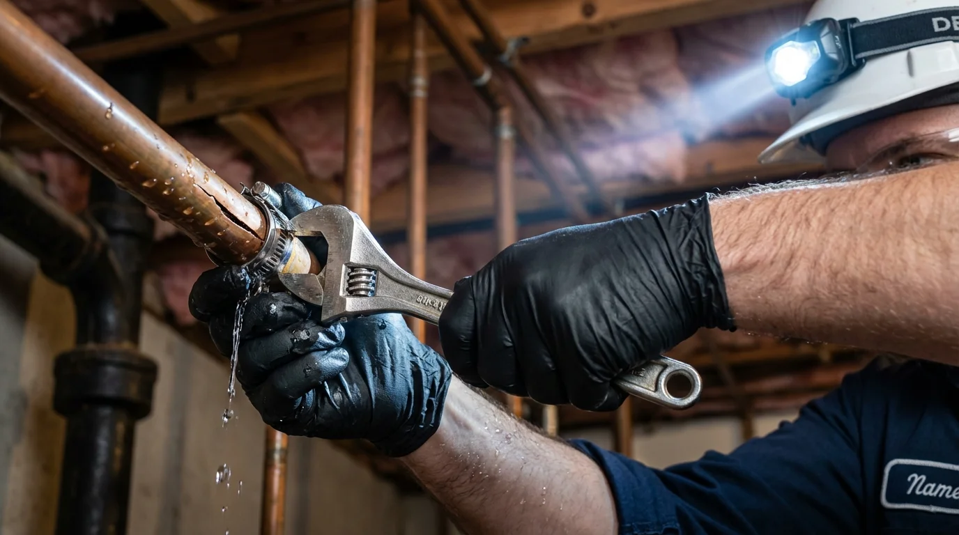 Emergency pipe clamp repair being performed by a Johns Plumbing LLC plumber in Gloucester City