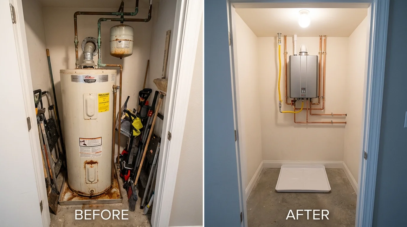 Tank water heater versus wall-mounted tankless unit comparison for Gloucester City, NJ homeowners