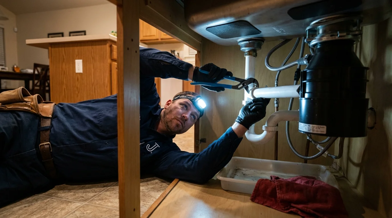 P-trap and supply line connections under a kitchen sink showing a common leak point in Gloucester City, NJ